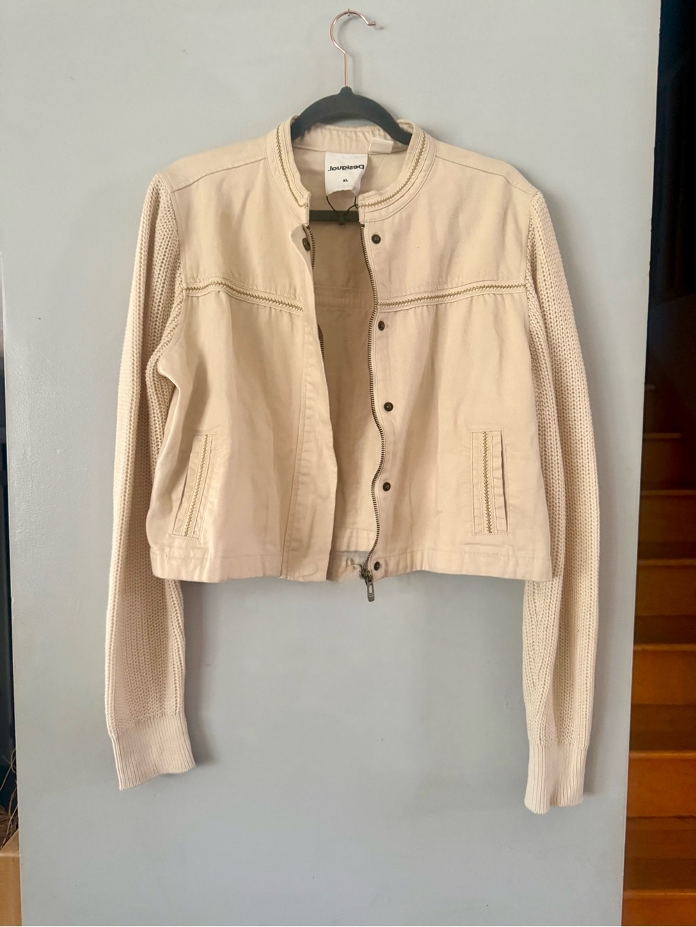 Desigual Cream Hybrid Knit Denim Jacket Crop XL